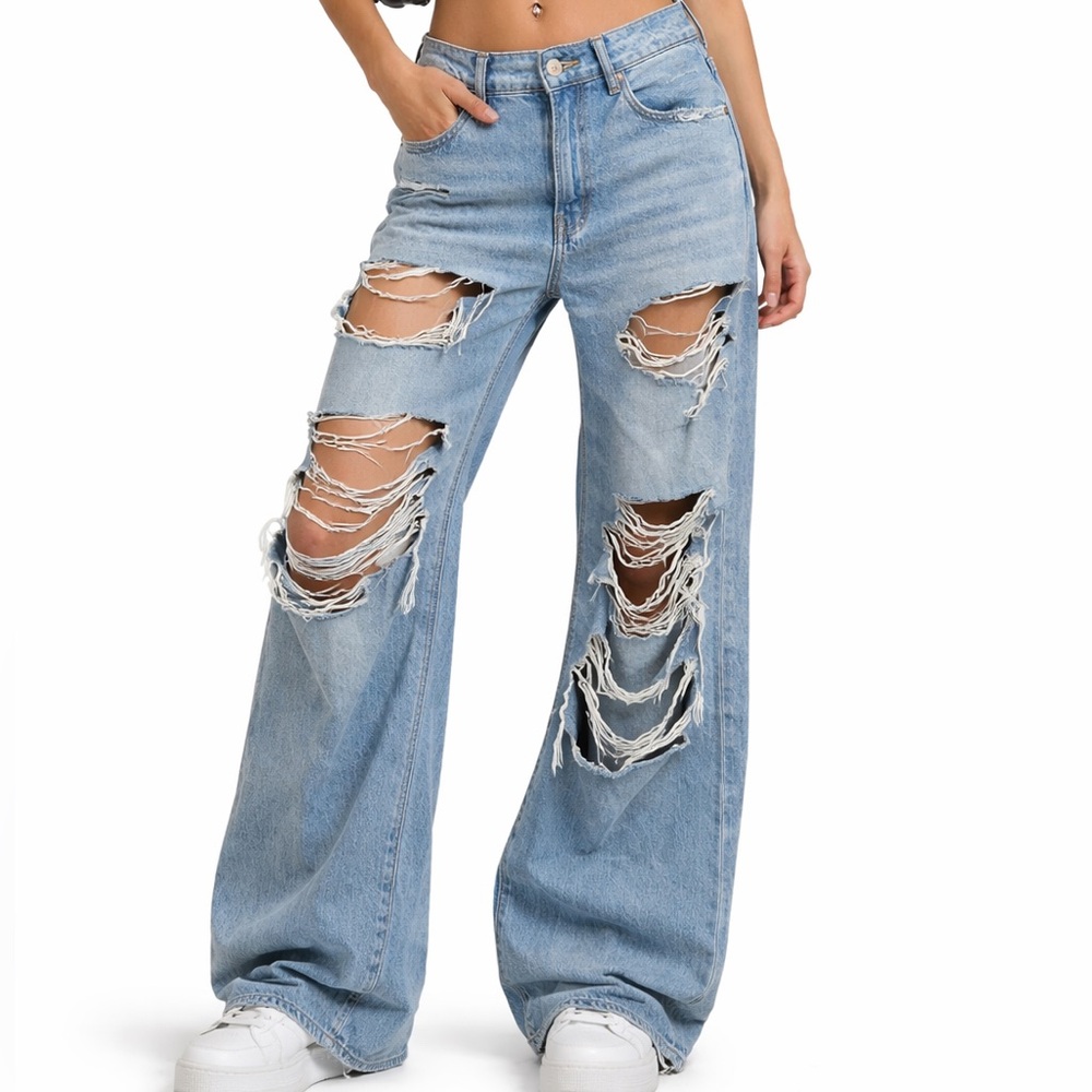 American Eagle Outfitters Light Blue Distressed Wide-Leg Jeans